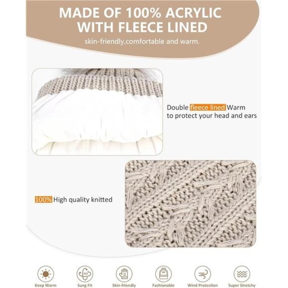 Womens Beanie Hat Scarf Gloves Set, Fleece Lined Winter Hat with Pom Pom, Long - Picture 5 of 6